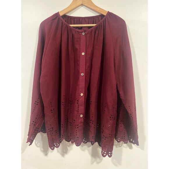 Women’s Plus Size Linen & Cotton Eyelet Blouse Burgundy Summer Vacation 2X - Picture 2 of 6